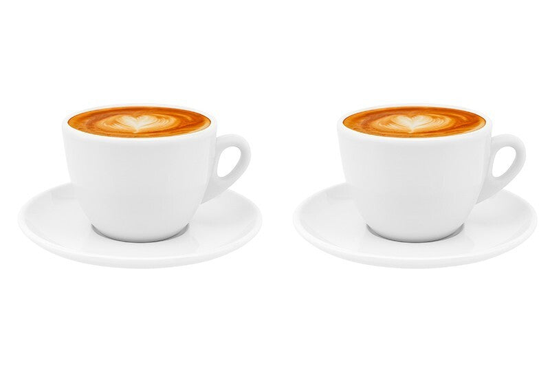 Set aus 2 Porzellan Kaffee Cappuccino Tassen mit Unterteller, 200 ml