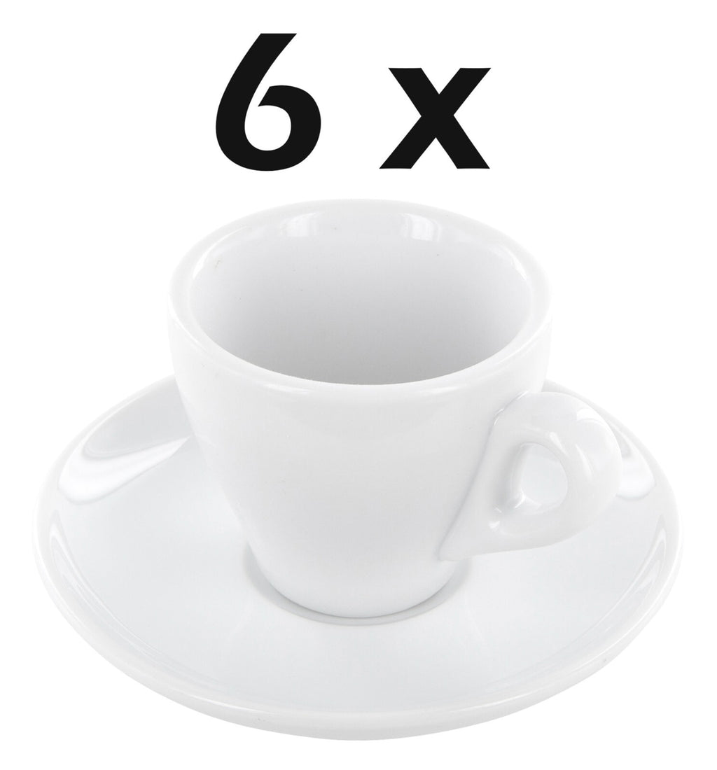 6 Porzellan Tassen dickwandig mit Unterteller und 6 Edelstahl Espresso Löffel