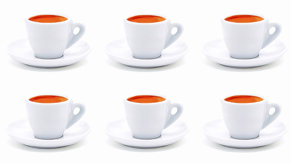 Espressotassen Set 6er, dickwandig weißes Porzellan mit Untertellern, 70ml