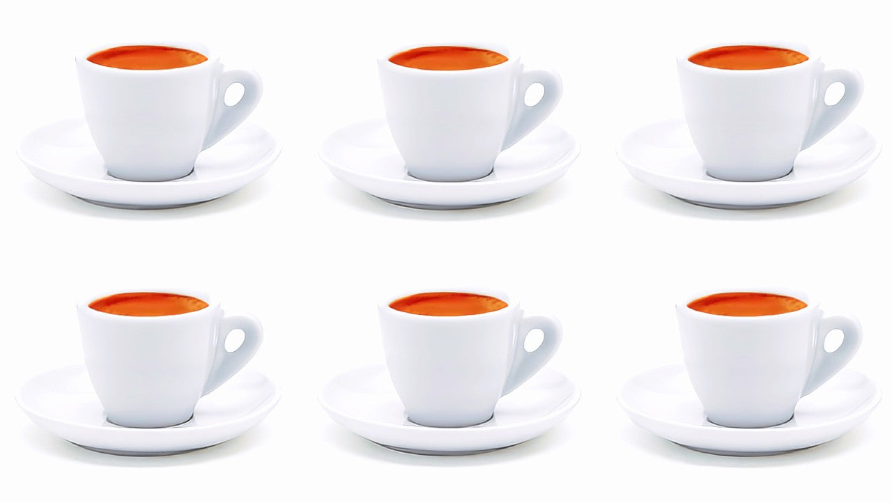 Espressotassen Set 6er, dickwandig weißes Porzellan mit Untertellern, 70ml