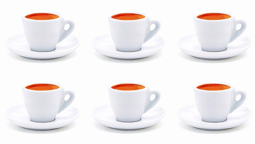Espressotassen Set 6er, dickwandig weißes Porzellan mit Untertellern, 70ml