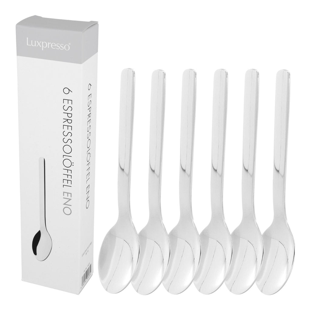 6 Porzellan Tassen dickwandig mit Unterteller und 6 Edelstahl Espresso Löffel