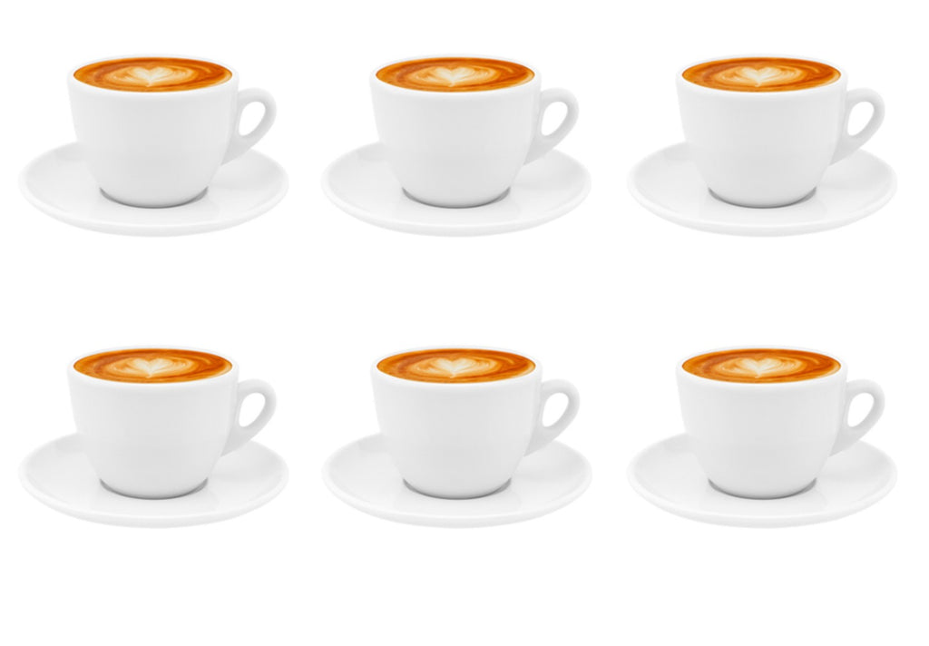 6 Cappuccino Kaffeetassen mit Untertassen weiß dickwandig aus Porzellan 200ml