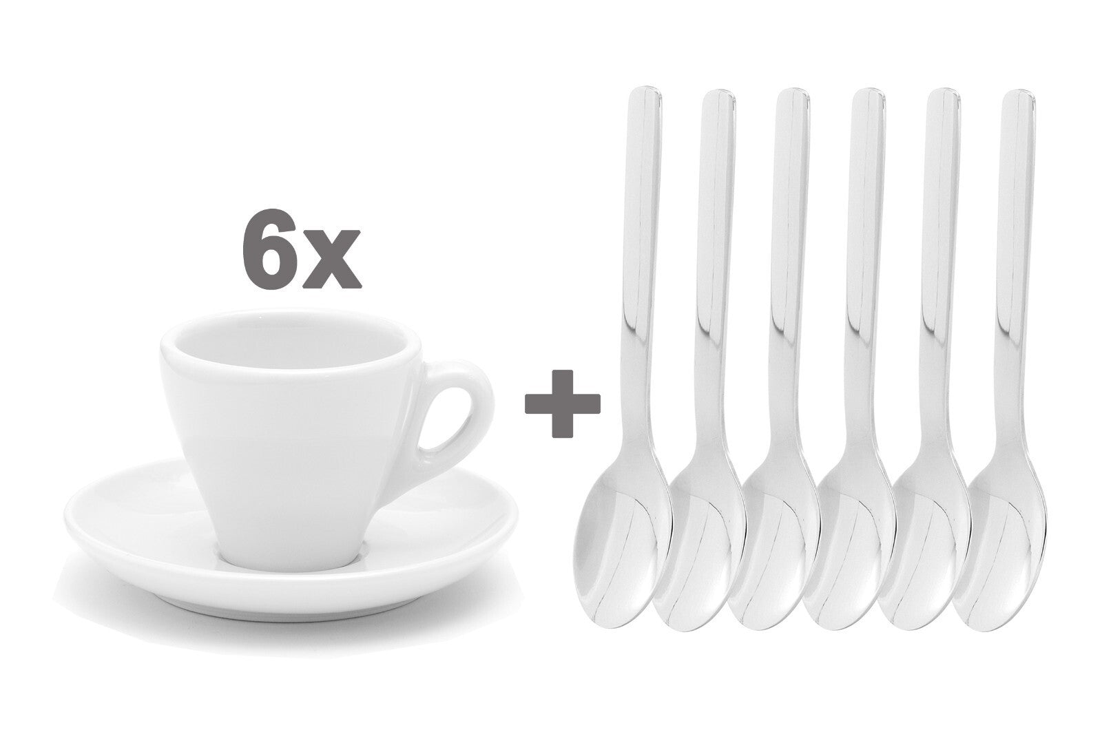 6 Porzellan Tassen dickwandig mit Unterteller und 6 Edelstahl Espresso Löffel